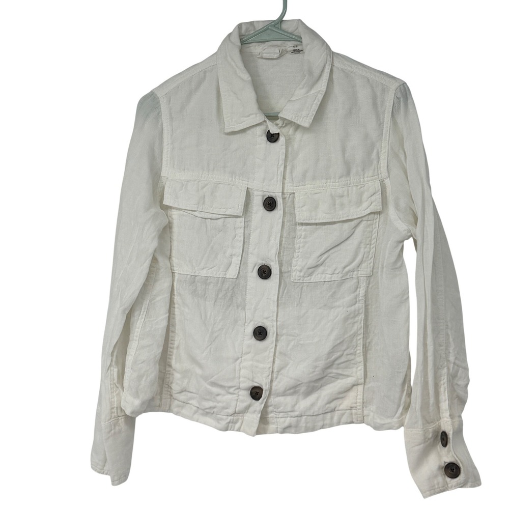 Nicole Miller New York White 100% Linen Button‎ Up Utility Jacket Womens Medium